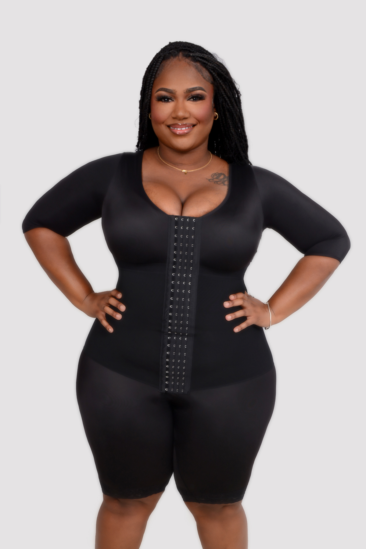 Maximum compression faja shapewear with Mid-thigh and sleeve compression coverage great for 360 and arm a liposuction, bbl, tummy tuck, back support and post-partum support.